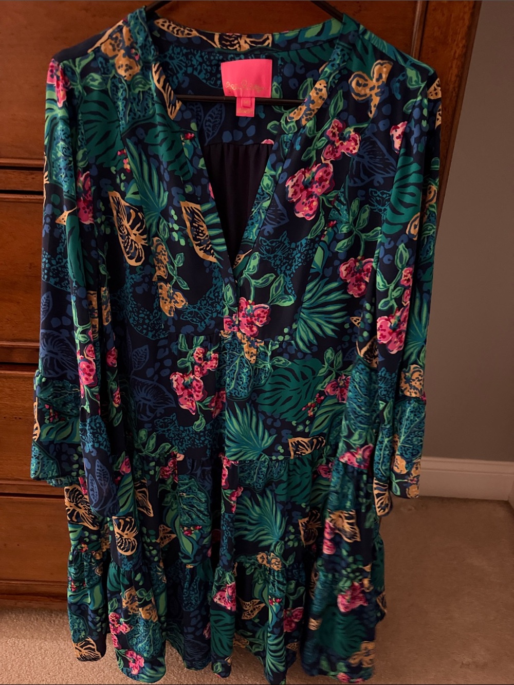 Lilly Pulitzer Navy Floral V-Neck Tiered Dress with Green & Pink Accents